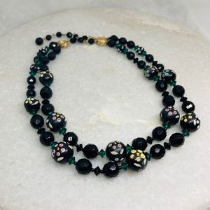 Vintage Handpainted Flowers Black Wood Glass Beads Double Strand Necklace 14”